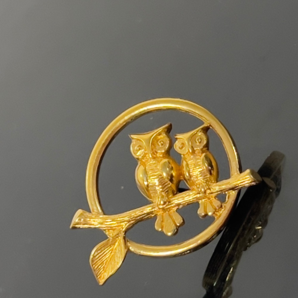 Vintage Gold Tone Owl Couple on Branch Circle Lapel Pin Brooch Animal Jewelry
